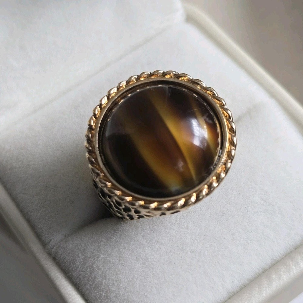 Vintage ESPO 14KT Gold Filled Tiger's Eye Statement Ring Bold Textured Cocktail